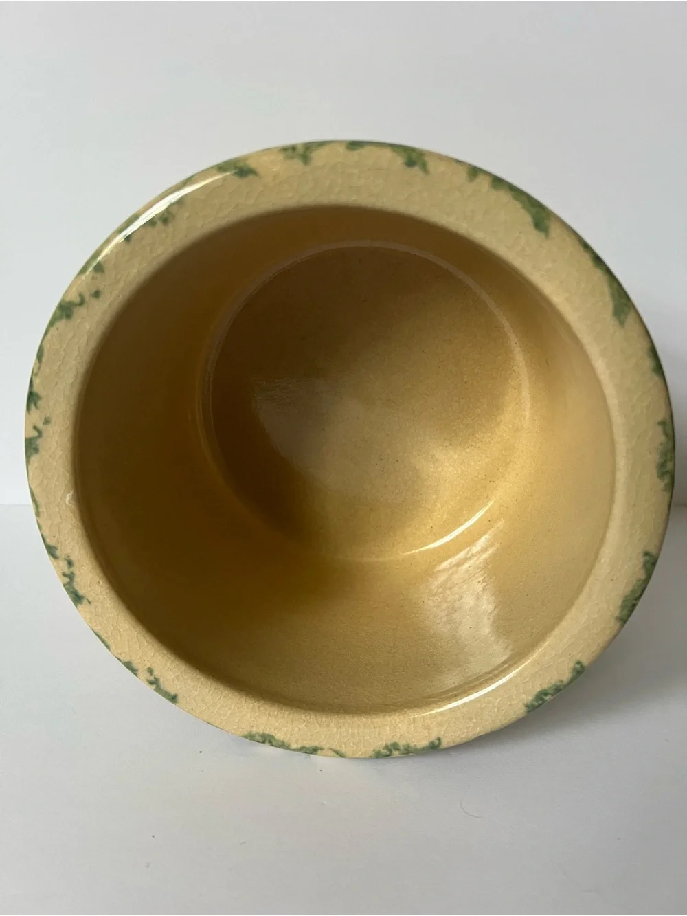 Robinson-Ransbottom Cream/Green Spongeware 1.25 QT Crock Made in U.S.A. Vintage